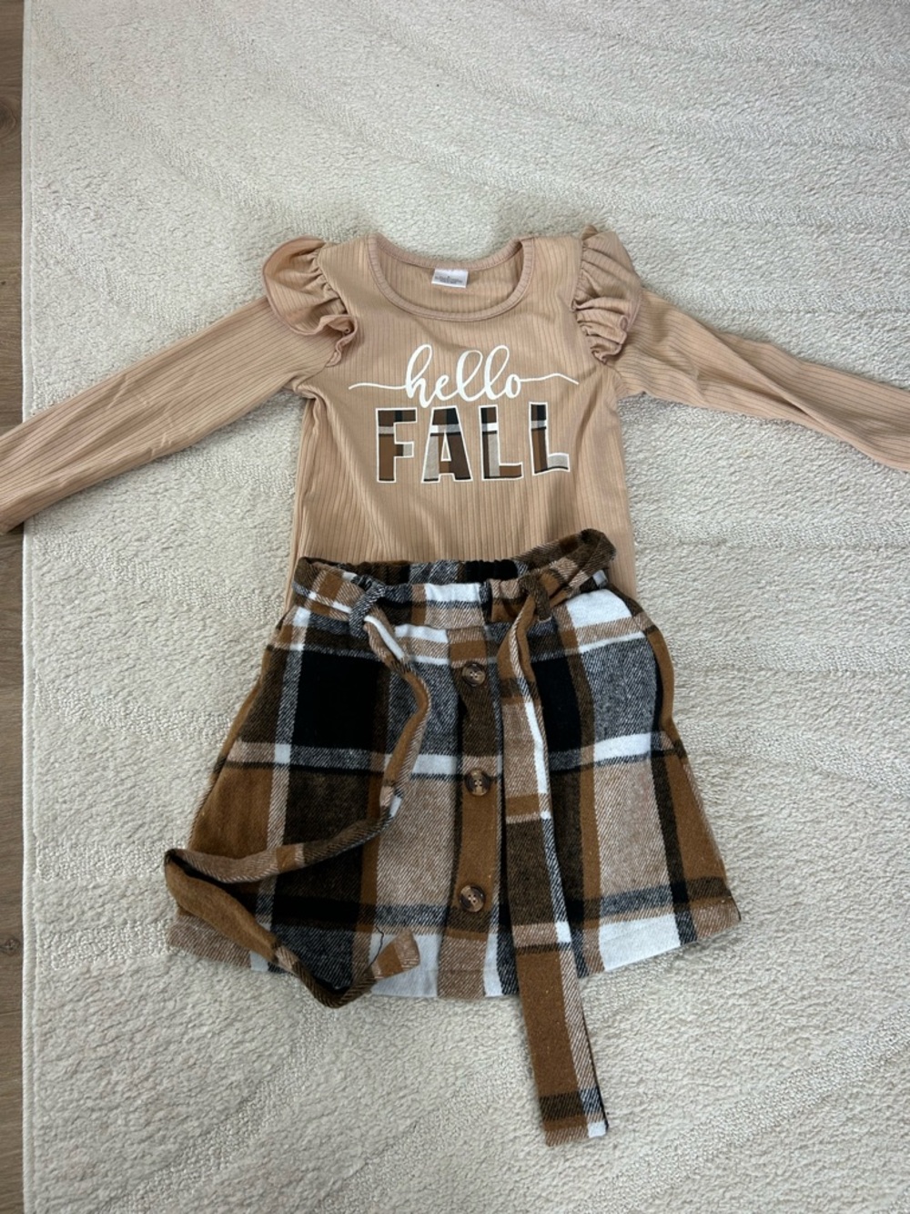 Sparkle in Pink Hello Fall Ruffle Sleeve Top & Plaid Skirt Set